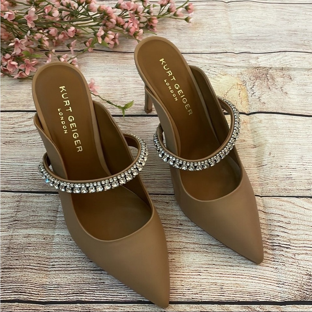 Kurt Geiger Tan Pointed Toe Mule Heels with Crystal Strap